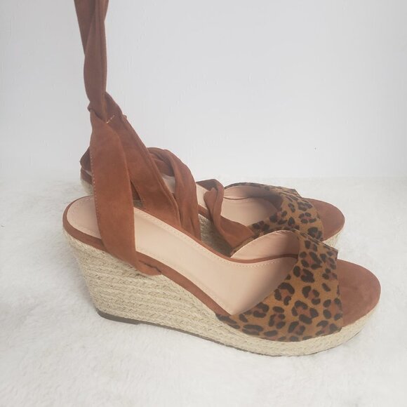 Unbranded Leopard Print Faux Suede Tie Ankle Jute Wedge Sandal Size 10 - Picture 5 of 11